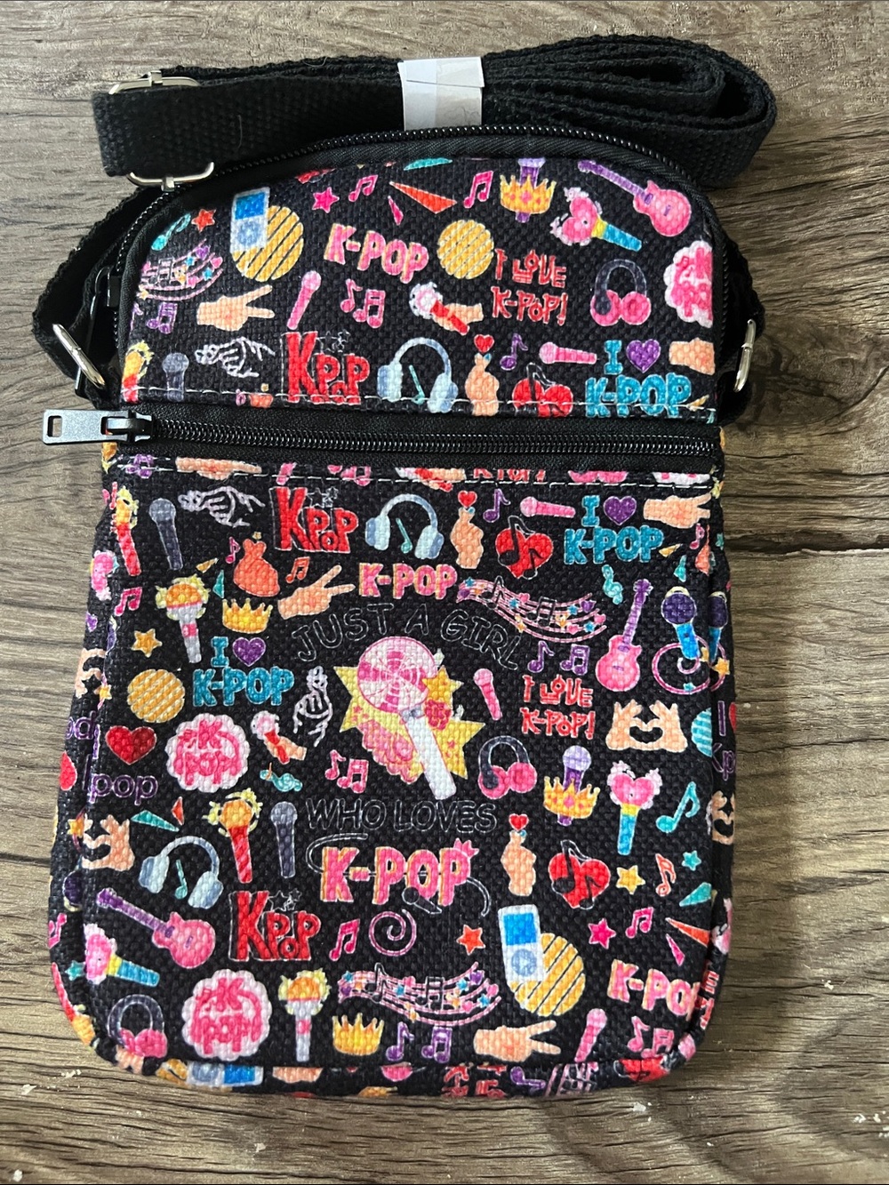 K-Pop Printed Crossbody Bag — Black with Multicolor Accents